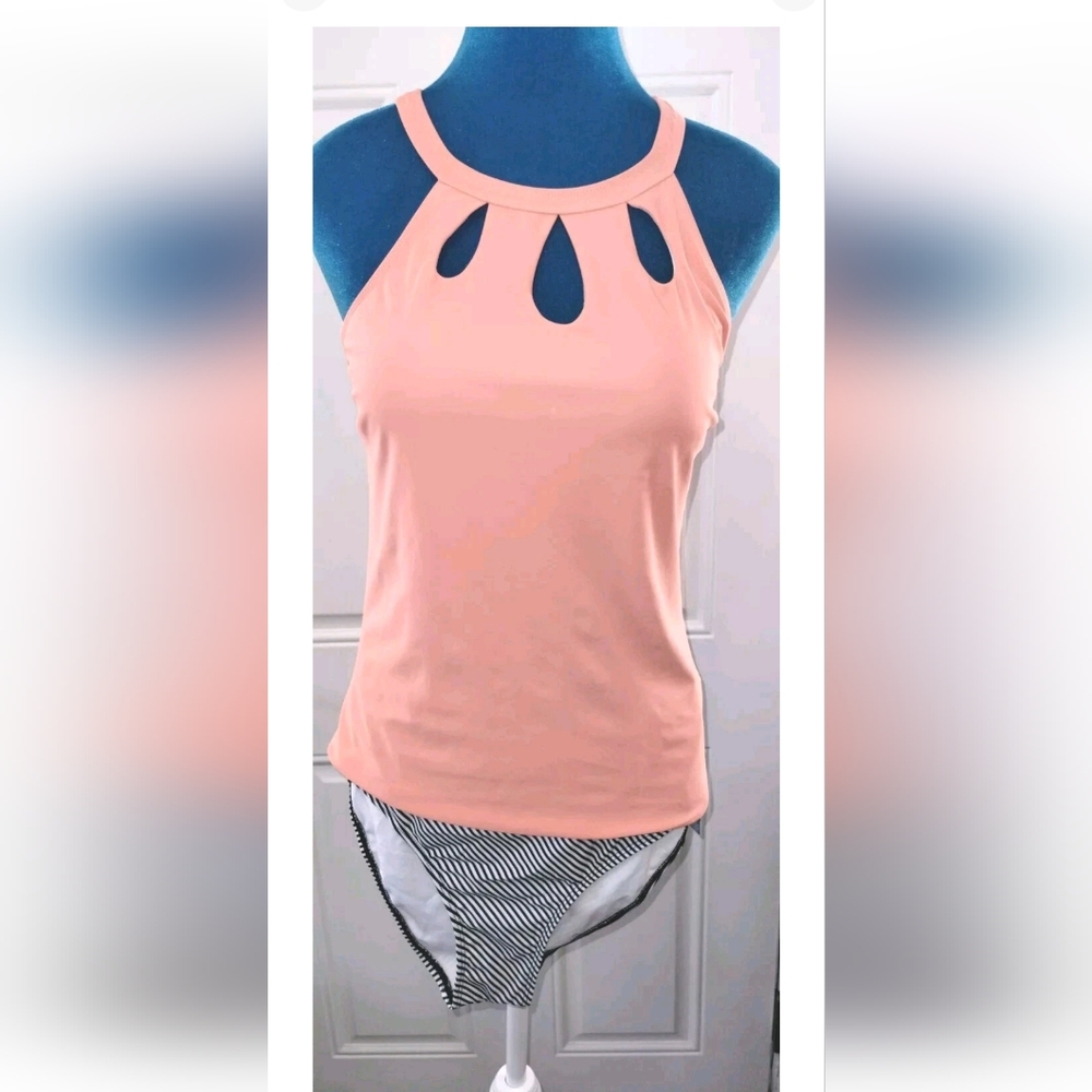 Yonique Two-piece Swimsuit Coral Top, Black And White Striped Bottom. Size Small
